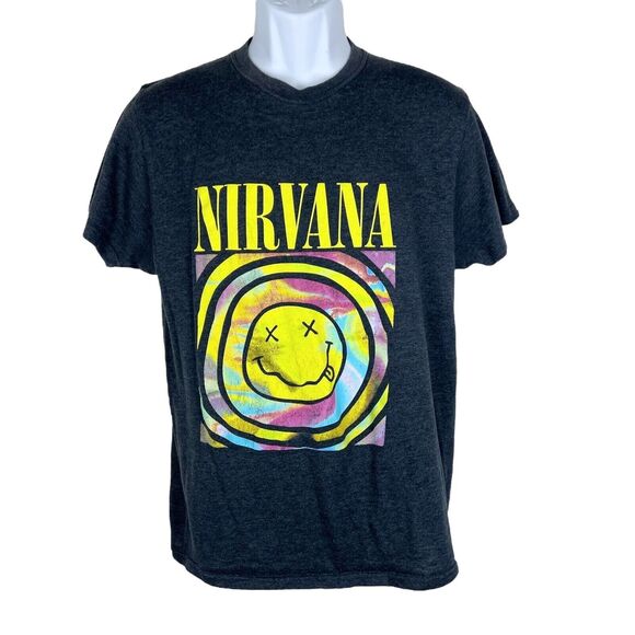 Nirvana Shirt Men Medium Grey Short Sleeve Psychedelic Smiley Graphic Tee - Picture 1 of 11